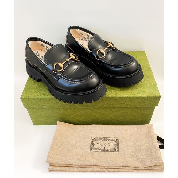Gucci Shoes - Gucci Loafers Lug Sole Chunky Black Leather Horsebit Size 37.5, 7.5